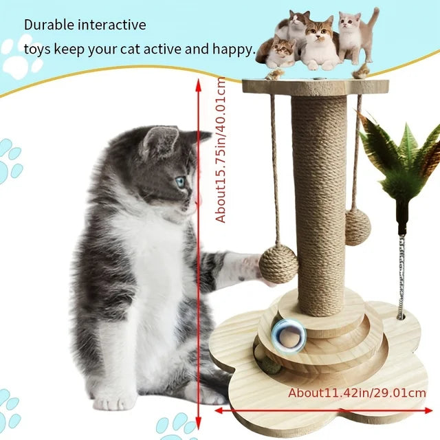 3-in-1 Wooden Cat Activity Center | Sisal Scratcher, Ball Tower & Teaser Toy