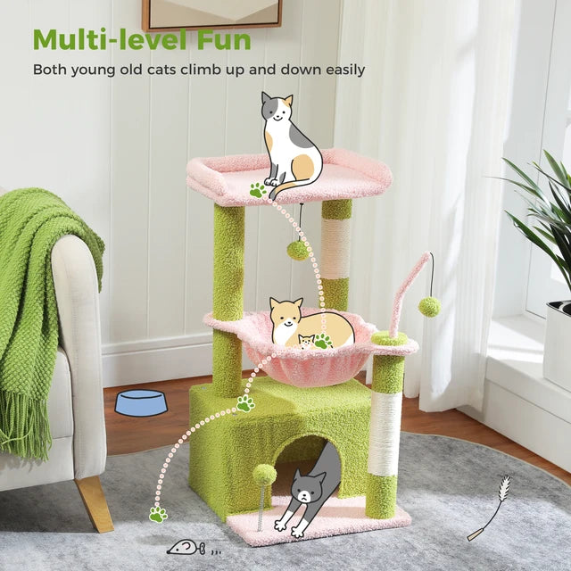 Cactus Cat Tree Tower (32"): 4-in-1 Condo, Hammock & Sisal Scratching Post