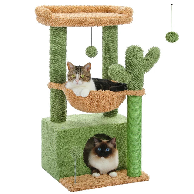 Cactus Cat Tree Tower (32"): 4-in-1 Condo, Hammock & Sisal Scratching Post