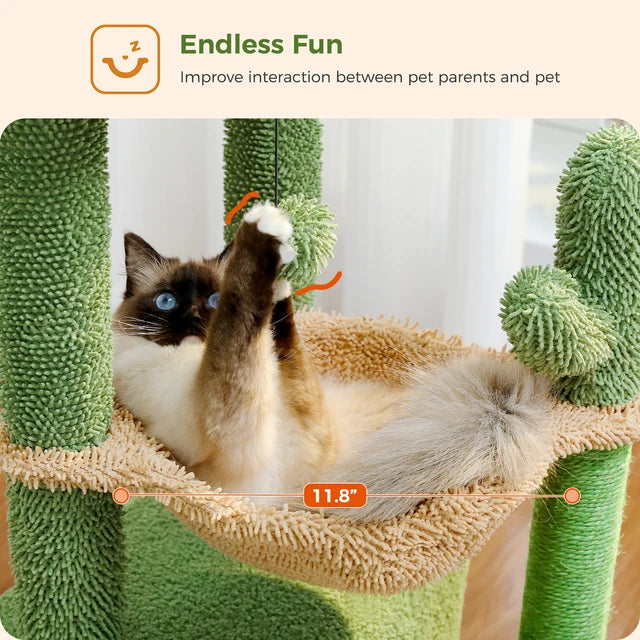 Cactus Cat Tree Tower (32"): 4-in-1 Condo, Hammock & Sisal Scratching Post