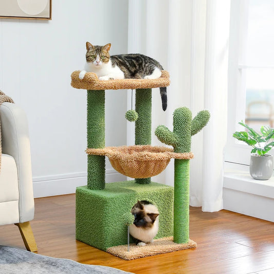 Cactus Cat Tree Tower (32"): 4-in-1 Condo, Hammock & Sisal Scratching Post