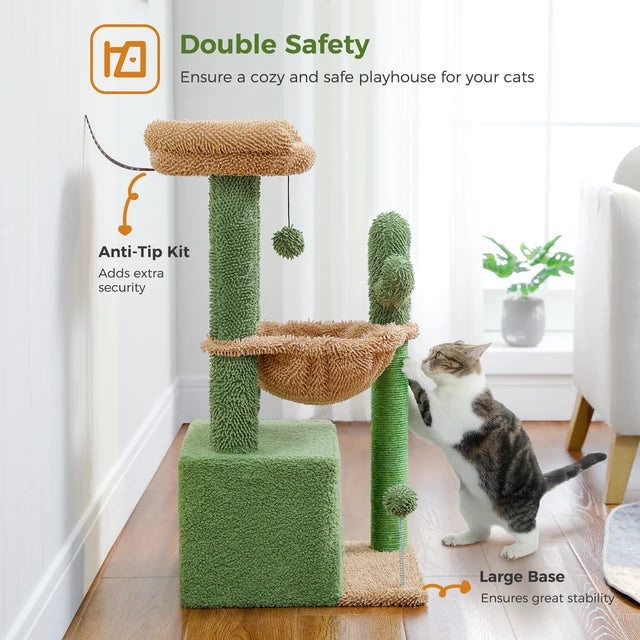 Cactus Cat Tree Tower (32"): 4-in-1 Condo, Hammock & Sisal Scratching Post