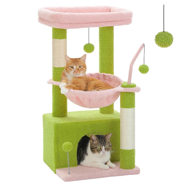 Cactus Cat Tree Tower (32"): 4-in-1 Condo, Hammock & Sisal Scratching Post