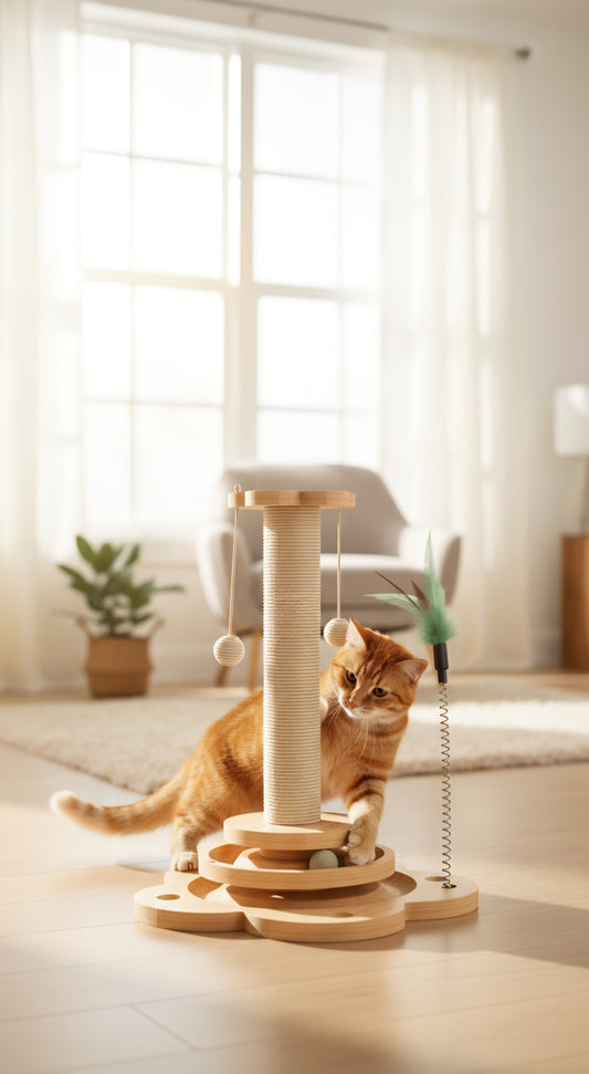 3-in-1 Wooden Cat Activity Center | Sisal Scratcher, Ball Tower & Teaser Toy