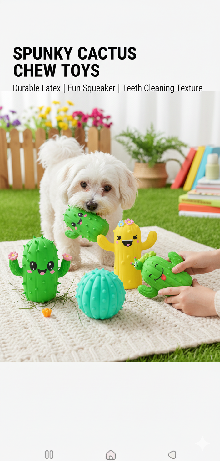 Squeaky Cactus Dog Chew Toy | TPR Rubber Dental Cleaning for Small Dogs