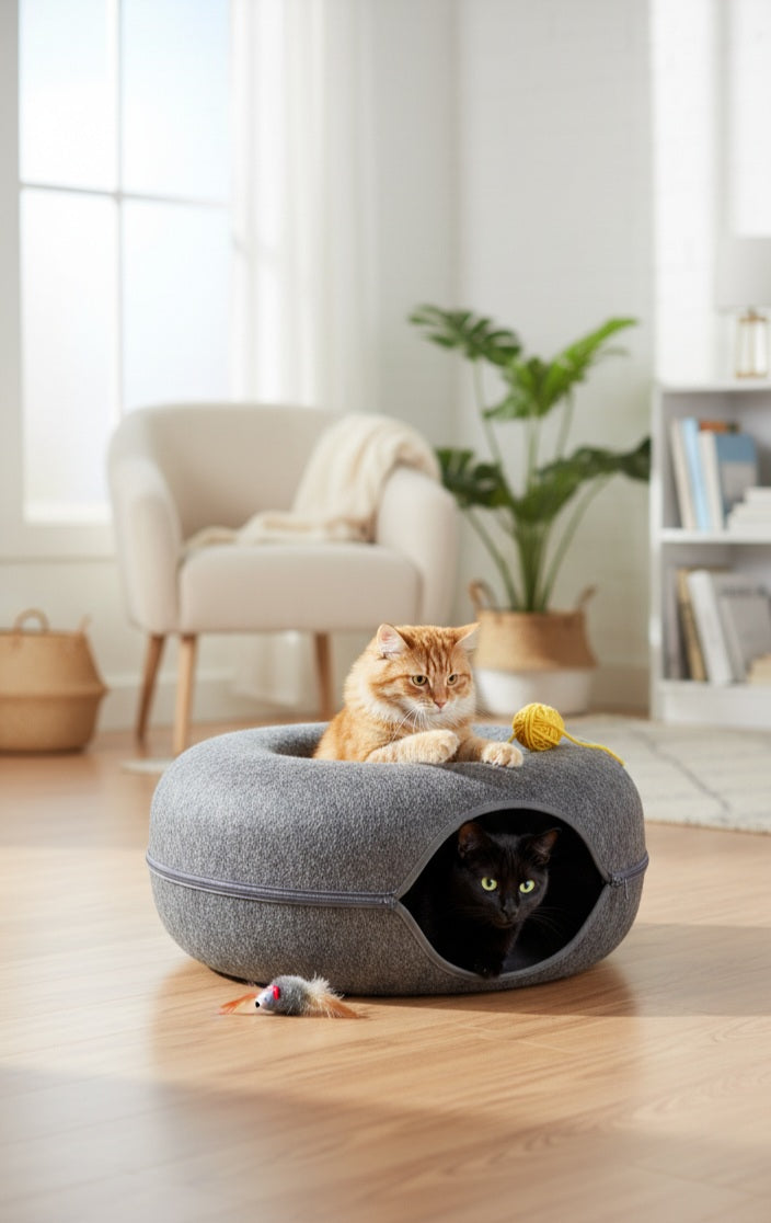 Viral Felt Cat Donut Bed & Play Tunnel | Interactive Peekaboo Cat Cave