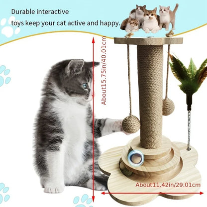 3-in-1 Wooden Cat Activity Center | Sisal Scratcher, Ball Tower & Teaser Toy