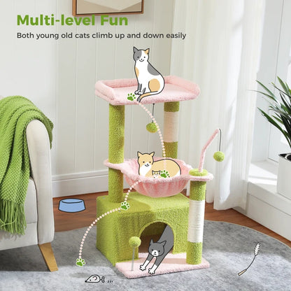 Cactus Cat Tree Tower (32"): 4-in-1 Condo, Hammock & Sisal Scratching Post