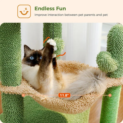Cactus Cat Tree Tower (32"): 4-in-1 Condo, Hammock & Sisal Scratching Post
