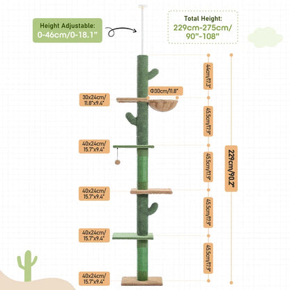 Floor-to-Ceiling Cat Tower: Adjustable 5-Tier Cactus Sisal Scratching Post