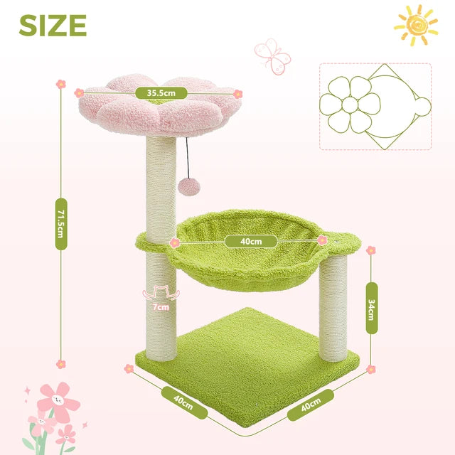 Cute Flower Cat Tree: Multi-Level Tower with Hammock & Sisal Scratching Post