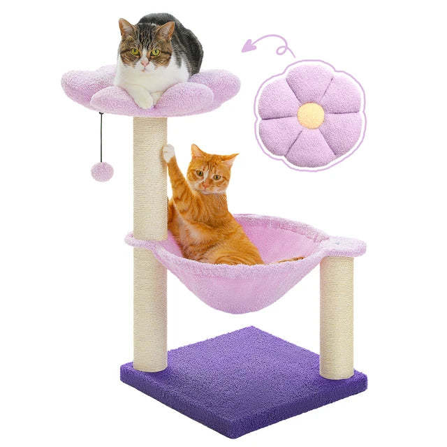Cute Flower Cat Tree: Multi-Level Tower with Hammock & Sisal Scratching Post