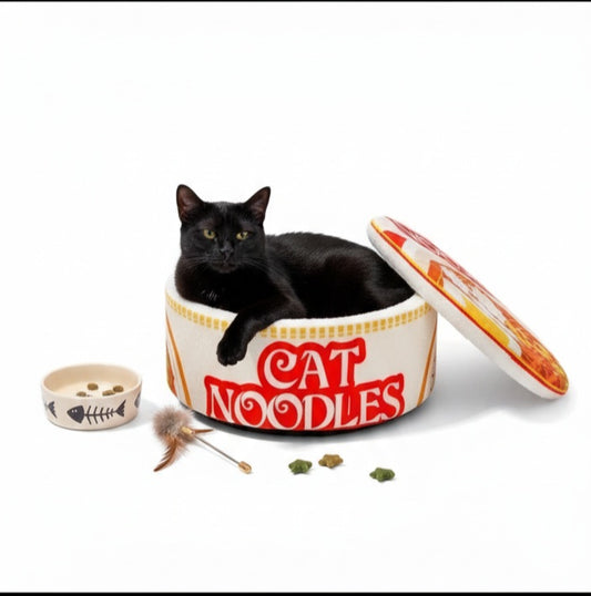 Viral Ramen Noodle Bowl Cat Bed | Cozy Plush Semi-Enclosed Winter Pet Nest