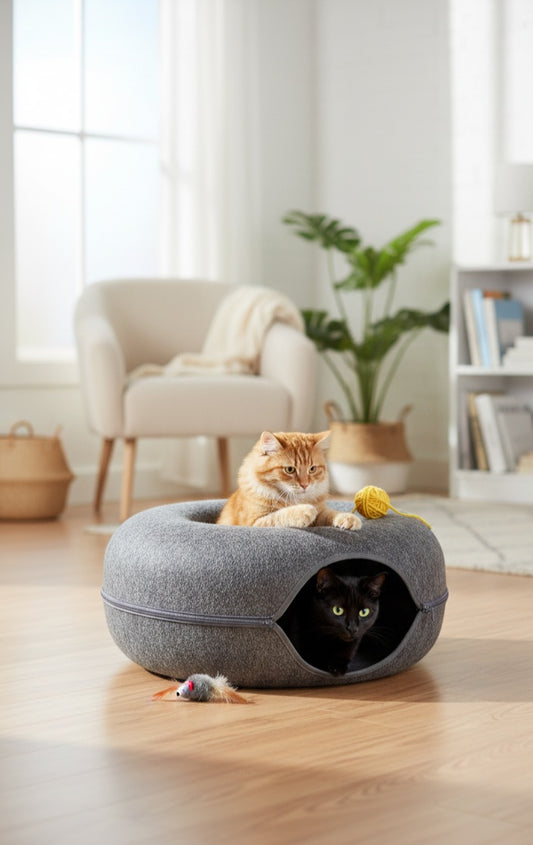 Viral Felt Cat Donut Bed & Play Tunnel | Interactive Peekaboo Cat Cave